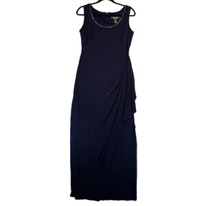 RM Collection Maxi Dress Womens 8 Blue Ruched Rhinestones Fancy Formal Stretch